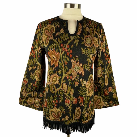 NINA LEONARD Bell Sleeve Fringed Boho Knit Top S - Picture 1 of 9